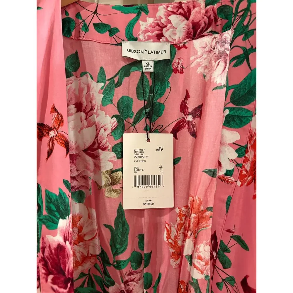 GIBSON LATIMER NWT Pink Floral Cotton Wrap Dress Size XL Spring Long Sleeve - Picture 4 of 7